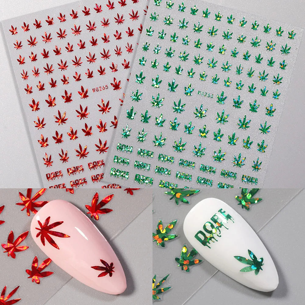 2022 New Hot Sale 10 Colors Multiple Choice Laser Maple Leaf Nail Art Sticker Weed Leaf Design Self-Adhesive Nail Decoration