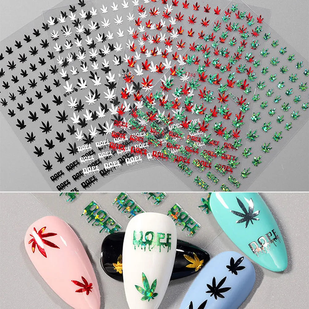 2022 New Hot Sale 10 Colors Multiple Choice Laser Maple Leaf Nail Art Sticker Weed Leaf Design Self-Adhesive Nail Decoration