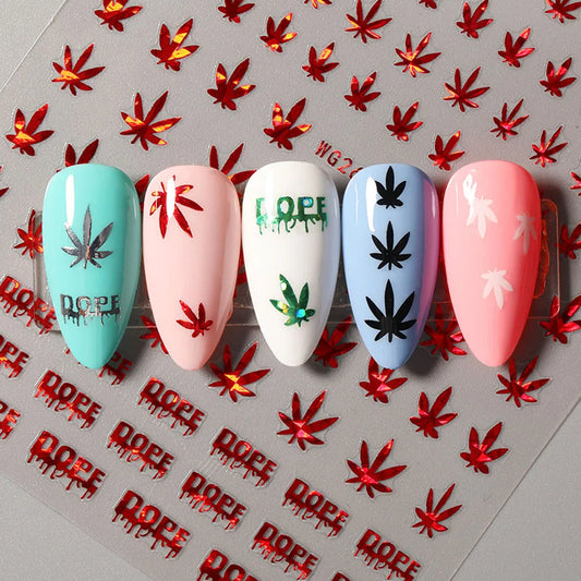 2022 New Hot Sale 10 Colors Multiple Choice Laser Maple Leaf Nail Art Sticker Weed Leaf Design Self-Adhesive Nail Decoration