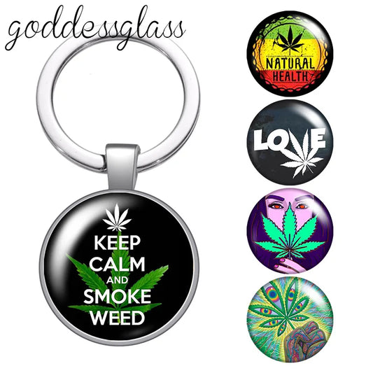 Smoke Weed Leave Natural health Photo Round glass cabochon keychain Bag Car key chain Ring Holder Charms keychains for gift