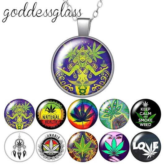 Smoke Weed Leave Natural health symbol Round Glass glass cabochon silver plated/Crystal pendant necklace jewelry for Gift