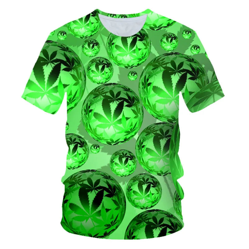 2023 Men's and Women's New Summer Fun Natural Weeds Cool and Fresh Green Weed Leaves Skull 3D Printing Short Sleeve T-shirt