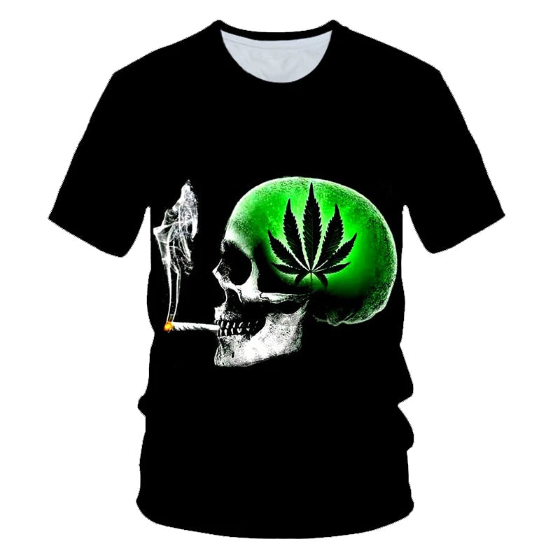 2023 Men's and Women's New Summer Fun Natural Weeds Cool and Fresh Green Weed Leaves Skull 3D Printing Short Sleeve T-shirt