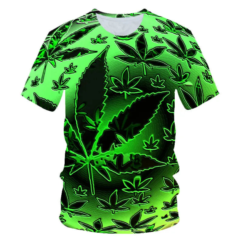 2023 Men's and Women's New Summer Fun Natural Weeds Cool and Fresh Green Weed Leaves Skull 3D Printing Short Sleeve T-shirt