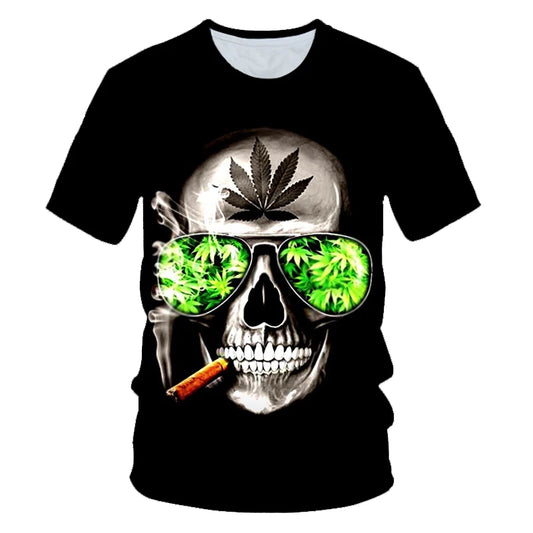 2023 Men's and Women's New Summer Fun Natural Weeds Cool and Fresh Green Weed Leaves Skull 3D Printing Short Sleeve T-shirt