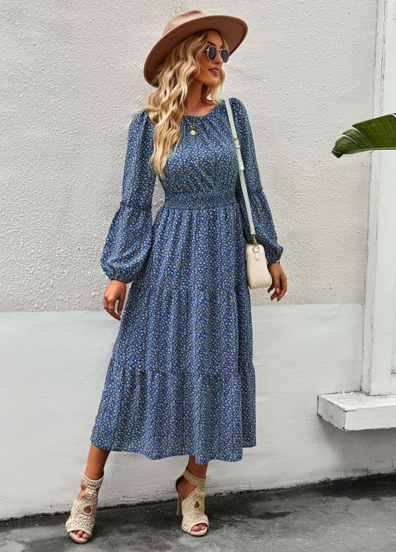 Women's Crew Neck Long Sleeve Boho Print Dress