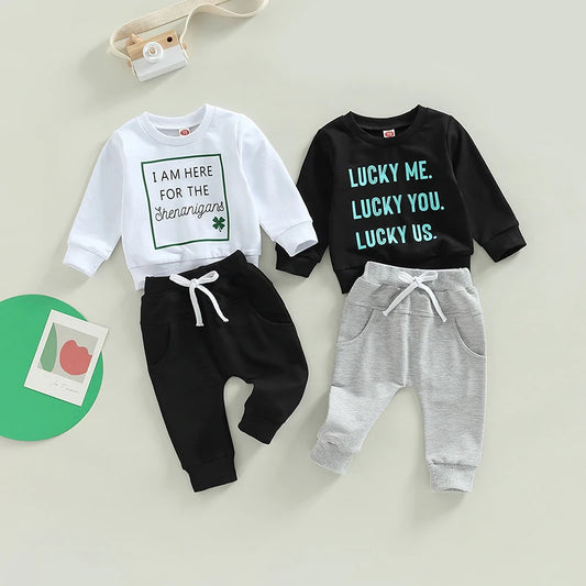 2022-10-31 Lioraitiin 0-3Years Toddler Boys Autumn Outfit Sets St. Patrick's Day Long Sleeve Letter Print Pullover Solid Pant