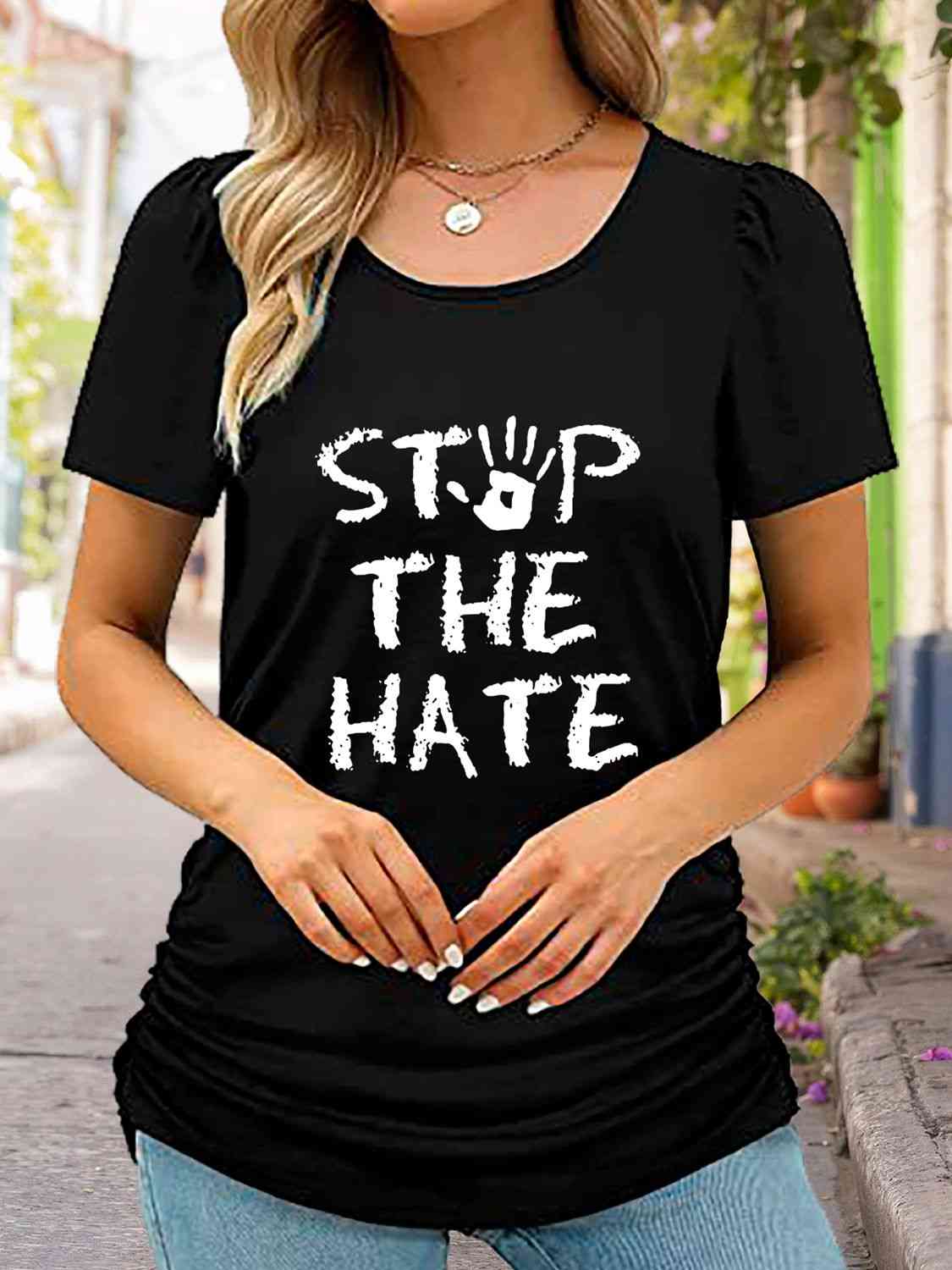 Round Neck Short Sleeve STOP THE HATE Graphic T-Shirt