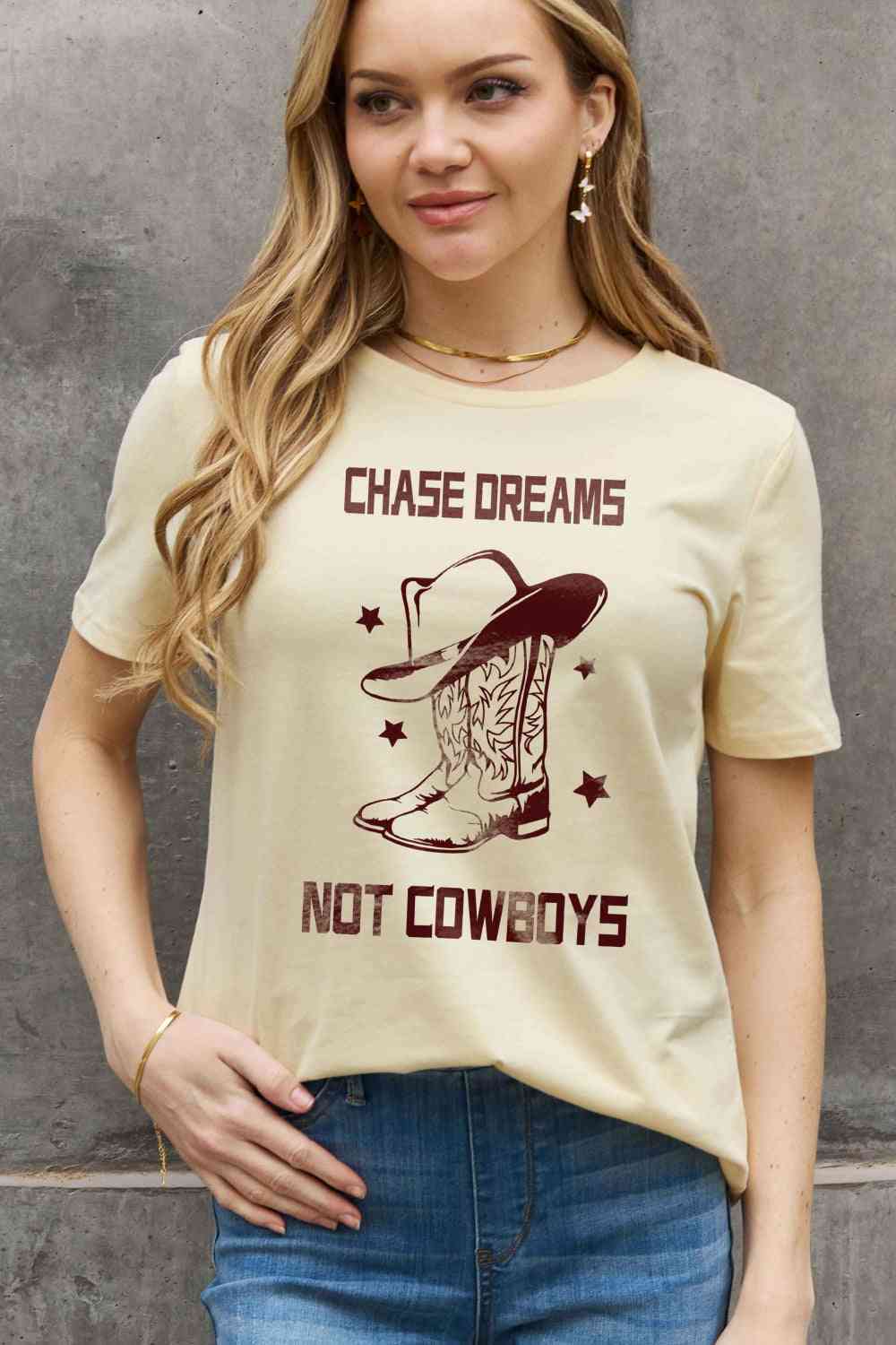Simply Love Simply Love Full Size CHASE DREAMS NOT COWBOYS Graphic Cotton Tee