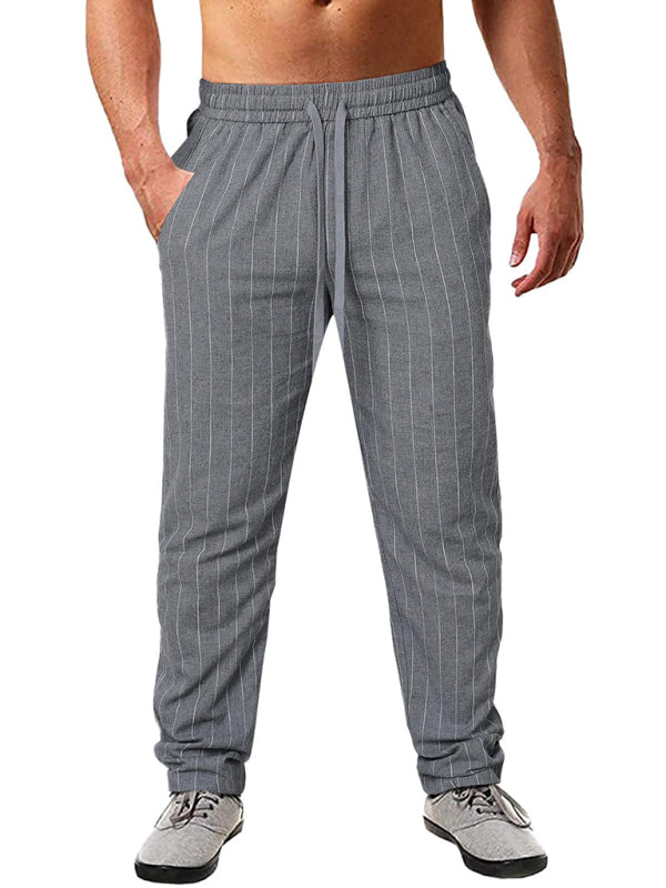 Men's vertical striped lace-up elastic waist beach pants casual trousers