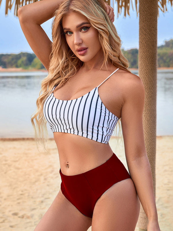 New high waist split bikini skinny swimsuit striped beach vacation bikini